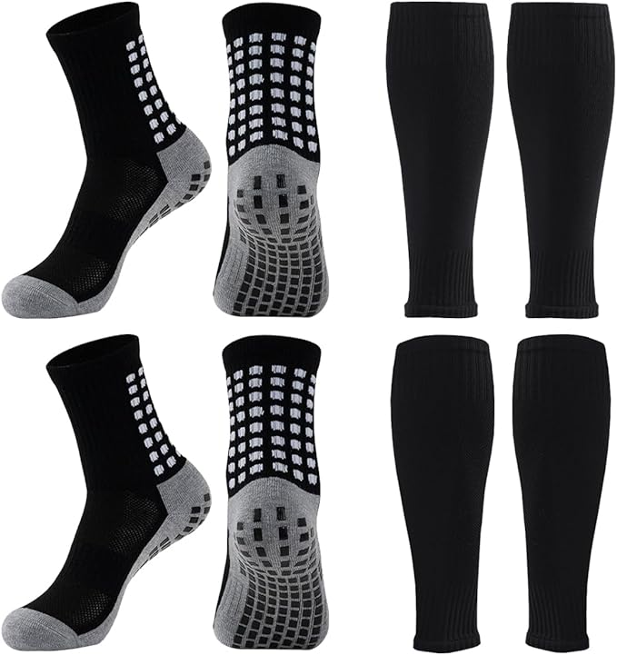 2 Set Anti-Slip Grip Soccer Socks with Shin Guard Sleeves, Sports Athletic Socks for Men Women