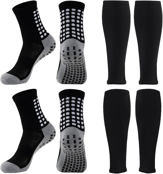 2 Set Anti-Slip Grip Soccer Socks with Shin Guard Sleeves, Sports Athletic Socks for Men Women