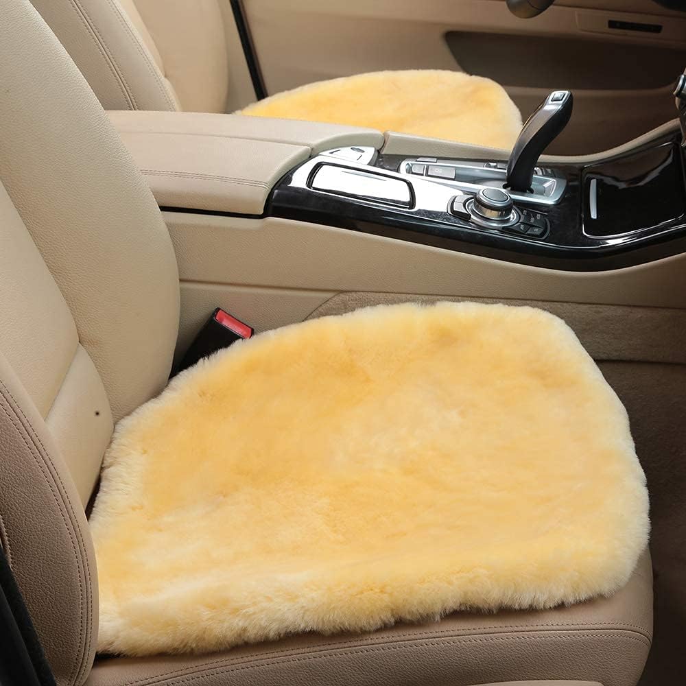 Fluffy Genuine Australia Sheepskin Car Seat Cover for Auto Interior Accessories with Soft Fuzzy Wool Eco-Friendly Natural Fur Non-Slip (Light Yellow, Front)
