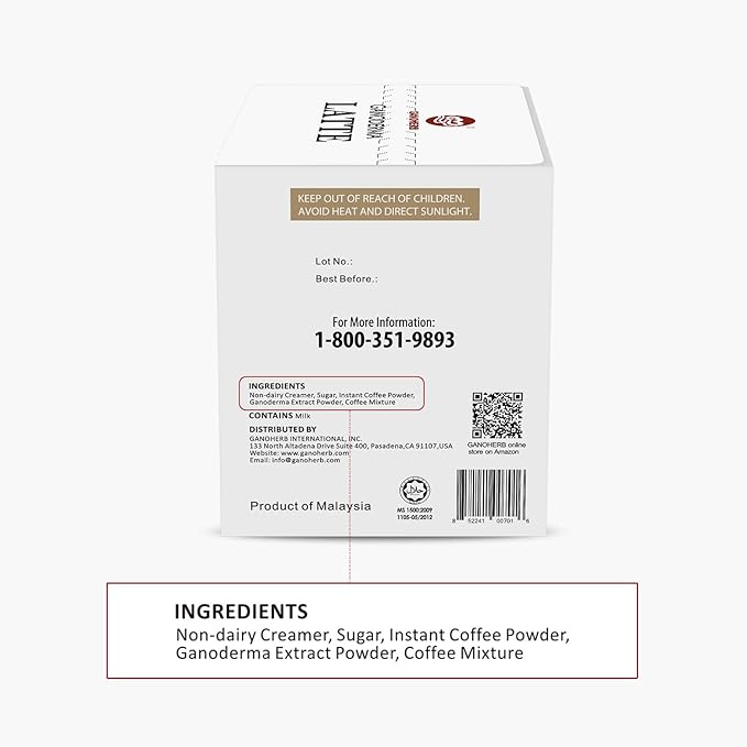 GANOHERB Reishi Mushroom Latte Coffee Powder, 4 in 1 Instant Arabica Coffee with Organic Ganoderma Lucidum Extract to Improve Appetite Stress Relief, Rich Taste Excellent Flavor, 11.1oz (15 Count)