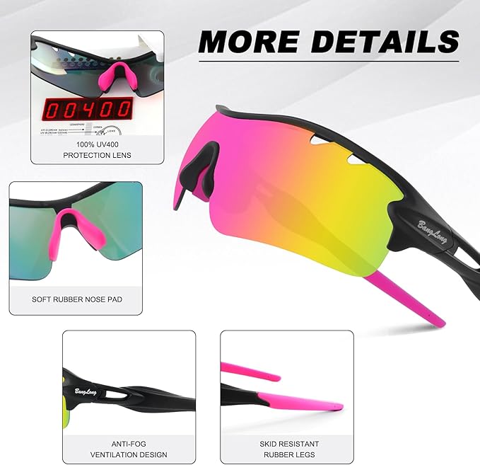 BangLong Polarized Sports Sunglasses Cycling Sun Glasses for Men Women with 5 Interchangeable Lenes for Running Baseball Golf