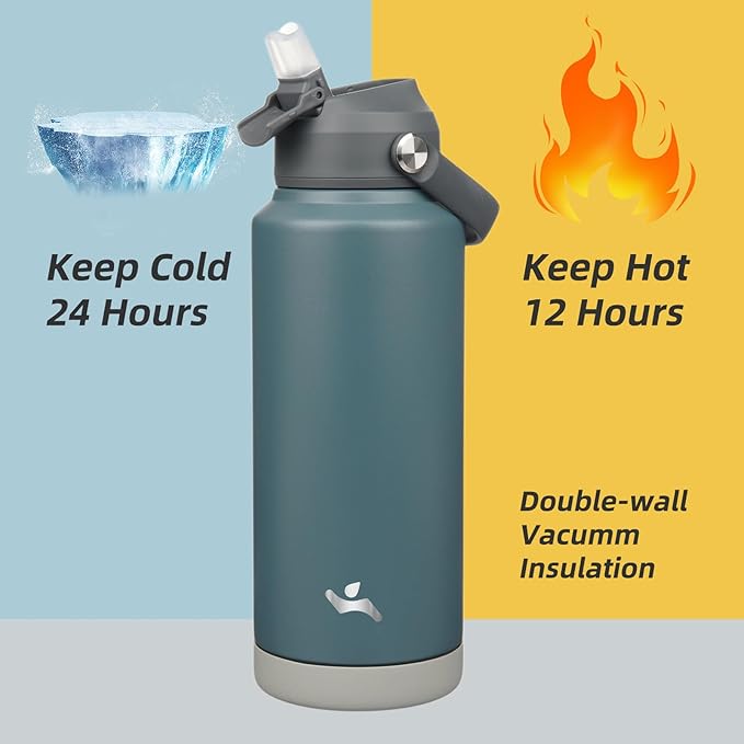 Insulated Water Bottle with Straw Lid,32 oz Stainless Steel Vacuum Metal Bottle with Silicone Handle,Dark Gray