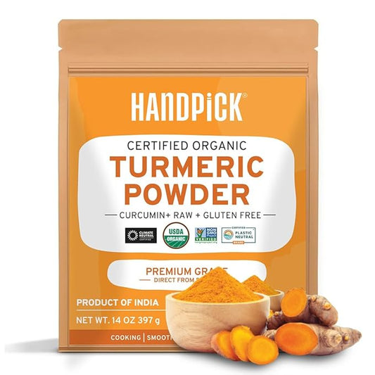 HANDPICK, Organic Turmeric Powder with Curcumin (397g/14oz) Gluten Free | Made from Turmeric Root | Raw Turmeric Powdered from India