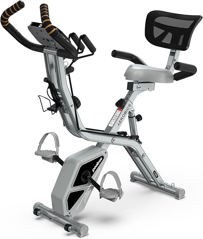 pooboo Folding Exercise Bike, Foldable Upright Stationary Bike, Indoor Cycling Magnetic X-Bike with 8-Level Adjustable Resistance, 6.6 LBS Flywheel, 300LB Capacity, Bottle Holder & Back Support Cushion for Home Gym