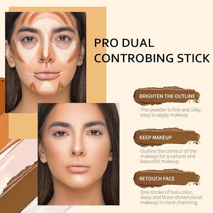 2 Colors Cream Contour Sticks Makeup Kit, Primer Face Highlighter Contouring for Beginners, Highlight and Contour Kit, Cream Concealer Makeup Blur Stick, Primer Face Corrector 3#
