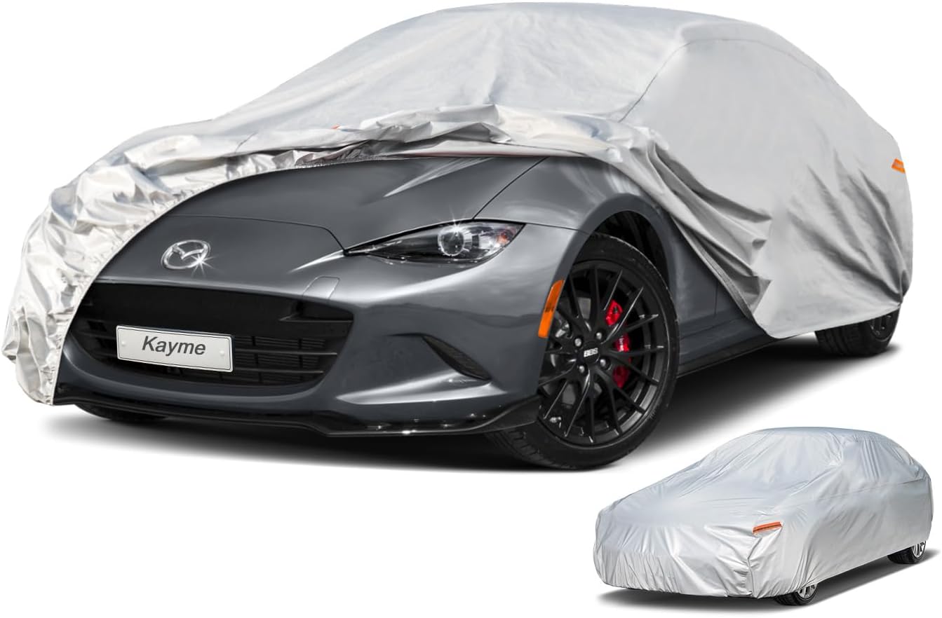 Kayme Car Cover Waterproof All Weather for Automobiles, Universal Fit for Sedan/Sports/Coupe Car Fit Mazda Miata MX5, Honda S2000.(up to 165 inch)