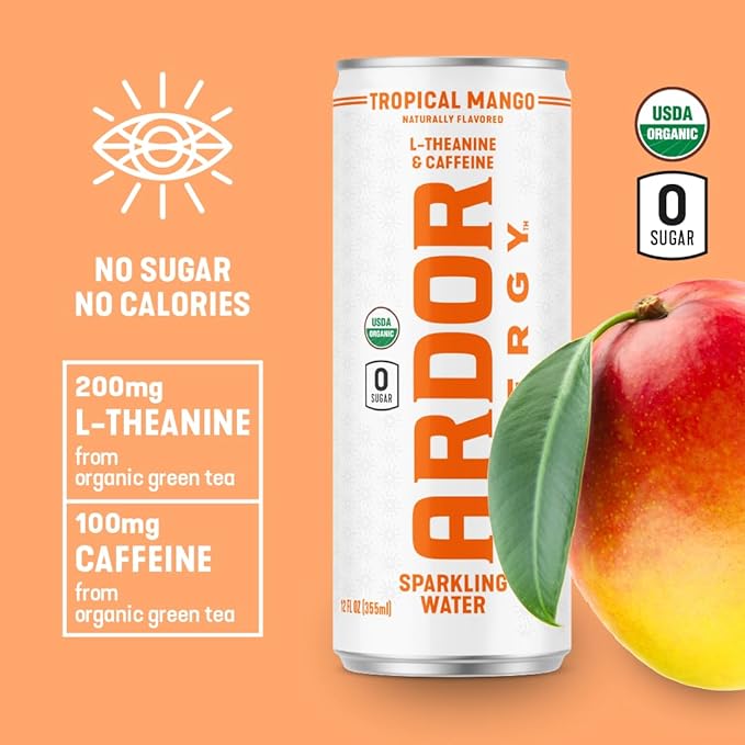 ARDOR ENERGY Sparkling Water with 100mg Natural Caffeine & 200mg L-Theanine from Organic Green Tea for Smooth Energy & Focus | Healthy Energy Drink | No Sugar, Zero Calories, Vegan, Gluten-Free | Tropical Mango (Pack of 12, 12oz cans)