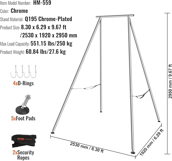 VEVOR Aerial Yoga Frame, 9.67 ft Height Swing Stand, Max 551.15 lbs Load Chrome-Plated Steel Pipe Inversion Yoga Rig for Indoor Outdoor Use