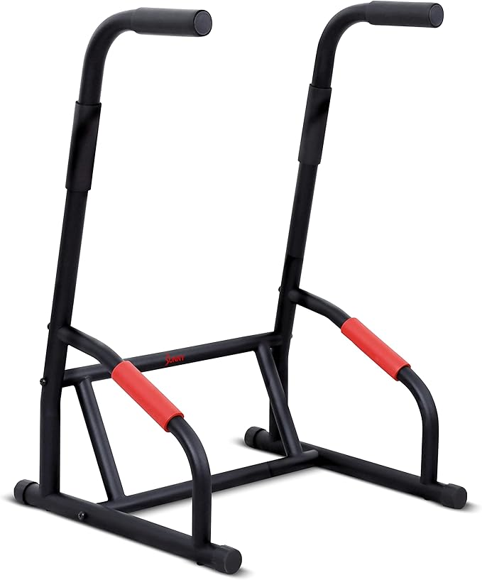 Sunny Health & Fitness Power Tower, Dip Bar, Push-Up & Pull Up Assisting Parallette Station w Optional Rock Climbing Grip Trainer