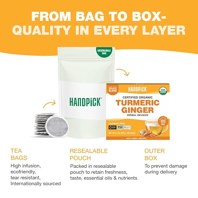 HANDPICK, Organic Turmeric Ginger Tea, 100 Eco-Conscious Tea Bags | Caffeine Free, Gluten Free, Non-GMO | 100% Pure Herbal Blend - Savory & Spicy