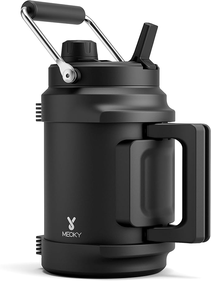 64 oz Insulated Water Bottle for Gym: Meoky Triple Wall Vacuum Stainless Steel Half Gallon Water Jug - Top and Side Handles, 2-in-1 Straw and Spout Lid, Cold for 36 Hrs, Leak Proof for Camping (Night)