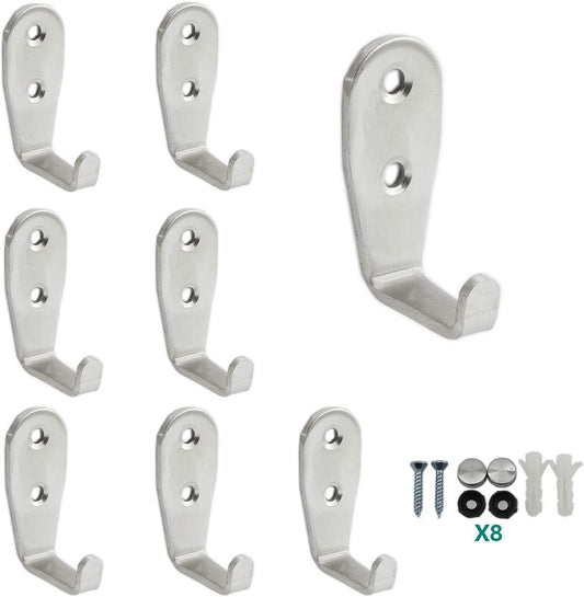 Stainless Steel Coat Hooks - Heavy Duty Metal Hangers for Hanging Towels, Keys, Hats - Kitchen & Bathroom Wall Mounted Hooks - Indoor & Outdoor - 8 Pack with Screws