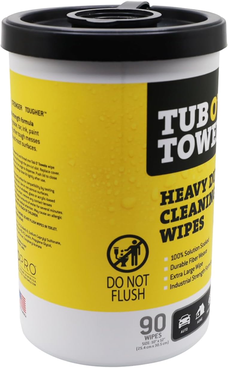 Tub O' Towels Heavy-Duty Multi-Surface Cleaning Wipes, 10" x 12", 90 Count Canister, Removes Grease, Grime, Tough Stains, Durable Disposable Wipes for Home, Garage, Outdoor Cleaning Tasks, 2-Pack
