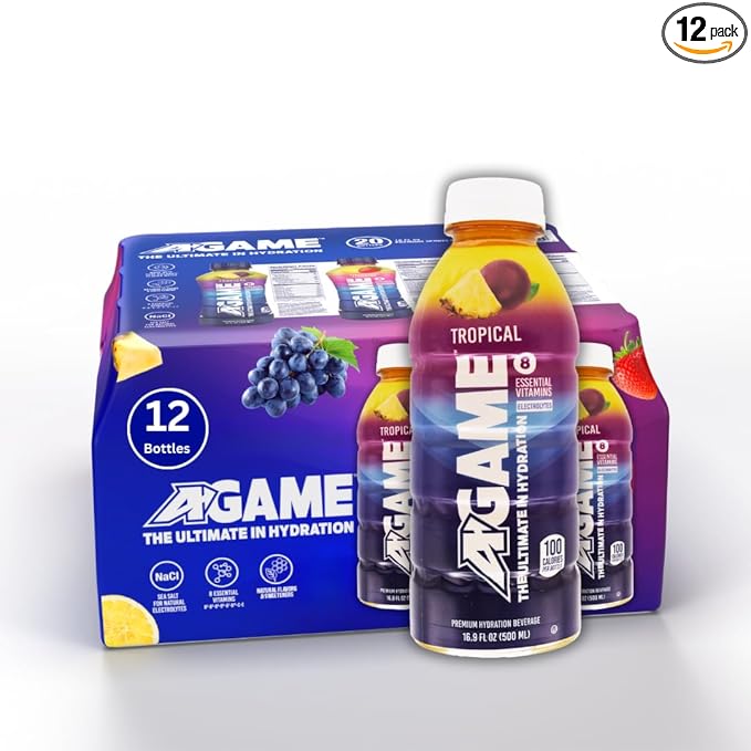 A-GAME Sports Drink, Tropical, The Ultimate Hydration Sports Beverage for Athletes, 8 Essential Vitamins including B, C, & E plus Natural Sea Salt Electrolytes, All Natural Flavors & Sweeteners, Gluten Free, 16.9 Fl Oz (Pack of 12)