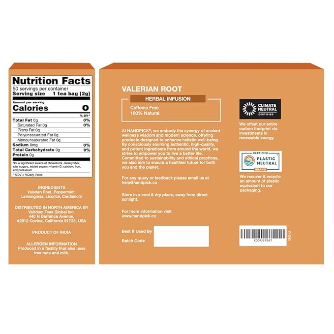 HANDPICK, Valerian Root Tea Bags (Valeriana) 50 Count | Non-GMO, Caffeine Free, Real Ingredients | Earthy/Woody Herbal Tea Bags | Round Eco-conscious Teabags