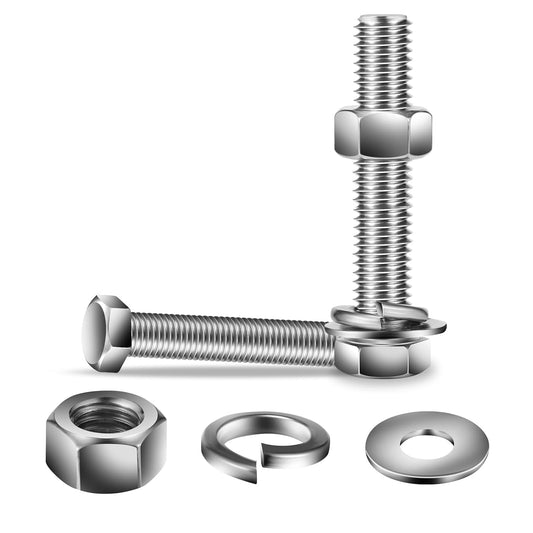 1/2-13 x 4" Hex Head Screw Bolt, Nuts, Flat & Lock Washers, 10Pcs 18-8 (304) Stainless Steel, Fully Threaded, by SG TZH