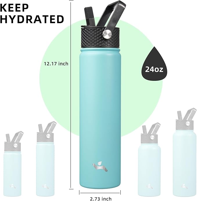 Insulated Water Bottle 24oz Stainless Steel Sport Bottles with 3 Lids,Turquoise
