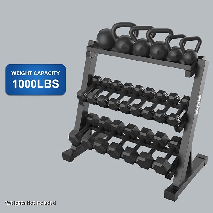 BEKING Dumbbell Rack, 3 Tier Weight Storage Rack for Dumbbells, Kettlebells, Multilevel Free Weight Organizer Stand for Home Gym Fitness, 1000-Pound Capacity