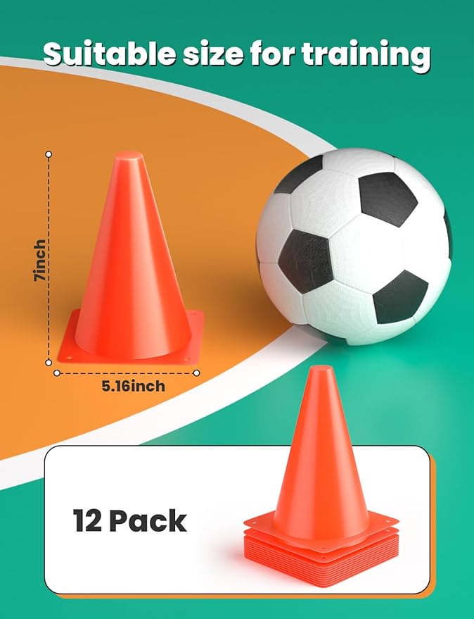GHB Soccer Cones 7" 9" of 12 24 Pack Disc Soccer Sport Cones Training Field Marker Agility Cones for Basketball, Coaching, Practice Equipment Includes Drills Guide