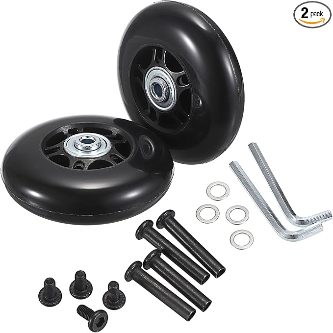 OwnMy 80mm x 23mm Luggage Wheels Replacements - Set of 2 Mute Suitcase Replacement Wheels with Black Screws Axles Bearings, Rotatable Rubber Luggage Suitcase Swivel Wheel Kit