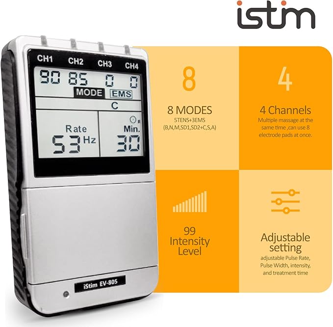 iSTIM EV-805 TENS EMS 4 Channel Rechargeable Combo Machine Unit - Muscle Stimulator + Back Pain Relief and Management- 24 Programs/Backlit (Including Electrodes Pads)