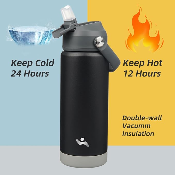 Insulated Water Bottle with Straw Lid,18 oz Stainless Steel Vacuum Metal Bottle with Silicone Handle,Black