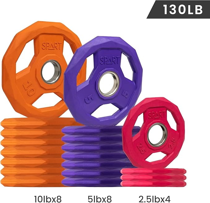 SPART Color Coded Weight Plate 2-Inch Rubber Coated Olympic Grip Plate for Barbell, Solid Cast Iron Weight Plates for Strength Training, Weightlifting, Crossfit, Home Gym, 2.5LB/5LB/10LB/25LB/35LB/45LB, Pair