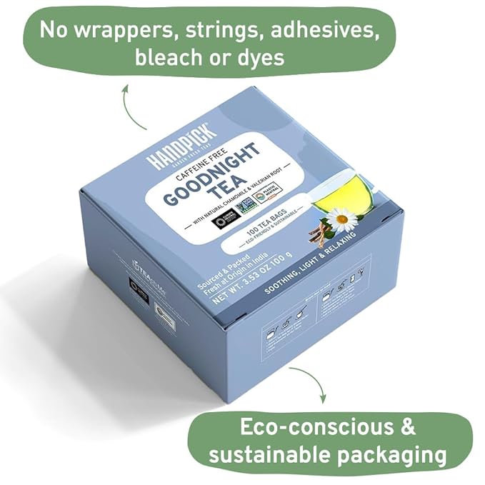 HANDPICK, Good Night Tea Bags (100 Count) Night Time Herbal Tea | Caffeine Free | Floral Blend - Lavender, Chamomile, Peppermint | Natural Tea, Perfect for Bedtime