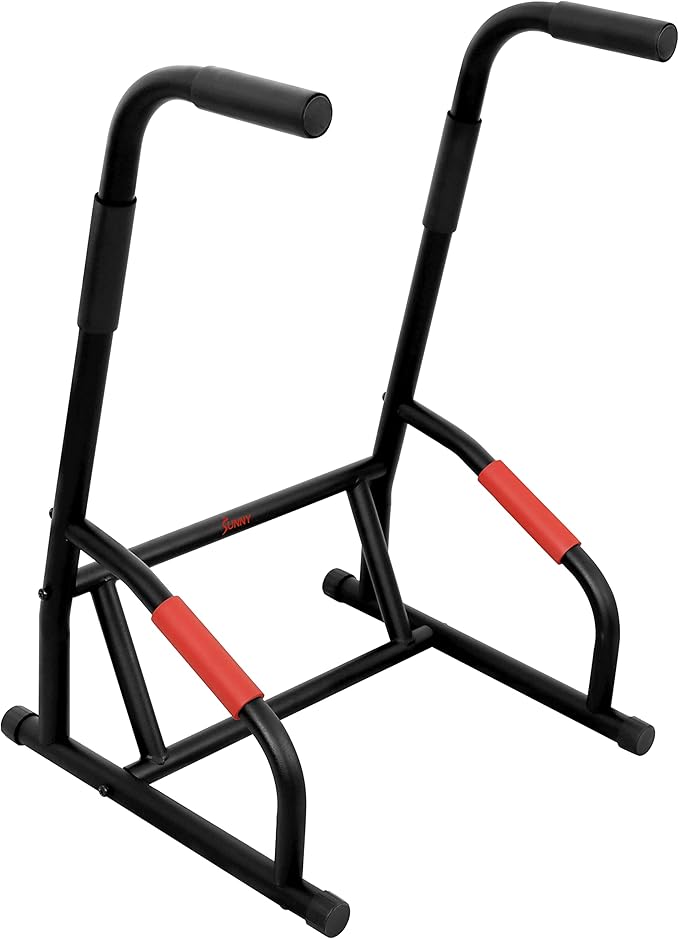 Sunny Health & Fitness Power Tower, Dip Bar, Push-Up & Pull Up Assisting Parallette Station w Optional Rock Climbing Grip Trainer