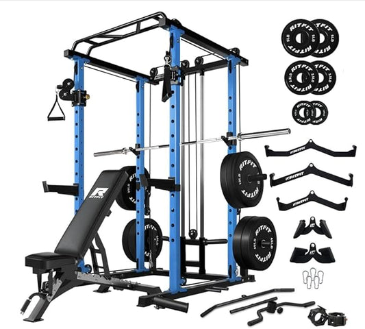 RitFit Multi-Function Squat Rack Power Cage PPC03 with Cable Crossover System, 1000LBS Capacity Power Rack and Packages with Optional Weight Bench, Barbell Weight Set, for Garage Workout & Home Gym