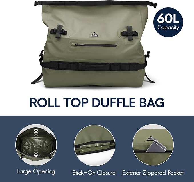 Haimont Large Waterproof Duffel Backpack Roll-Top Heavy Duty Dry Duffle Bag for Boating, Travel, Motorcycle, Kayaking, Camping, 60L