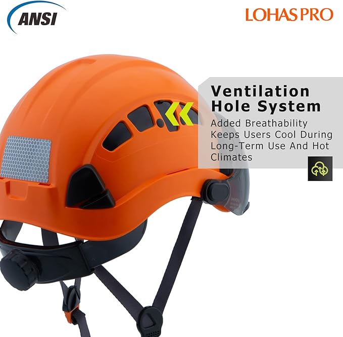 Hard Hats Construction Safety Helmet with Visor ANSI Z89.1 Approved OSHA Hardhat, LOHASPRO Vented Men Work Hard Hat with Chin Strap Tree Climbing Arborist Helmet (P4 Orange+Smoked Visor)