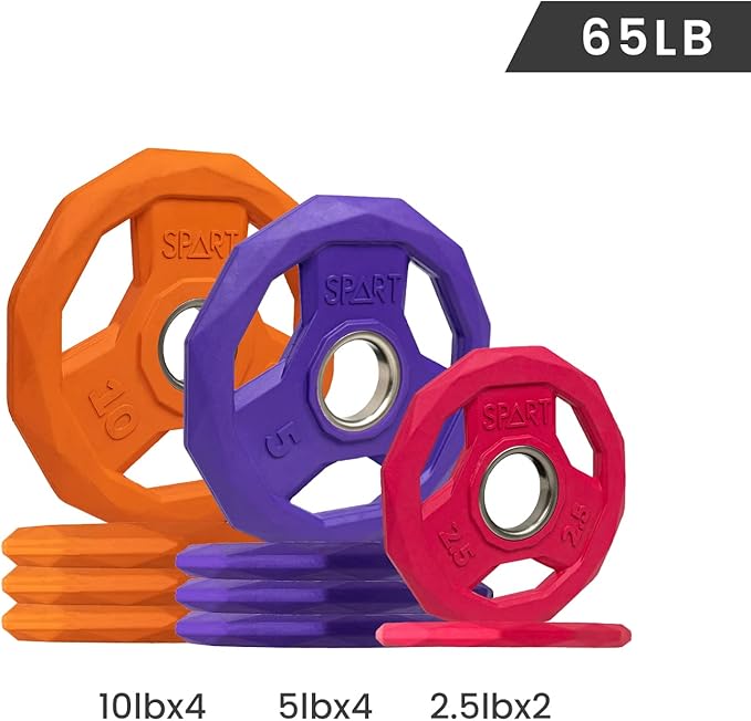 SPART Color Coded Weight Plate 2-Inch Rubber Coated Olympic Grip Plate for Barbell, Solid Cast Iron Weight Plates for Strength Training, Weightlifting, Crossfit, Home Gym, 2.5LB/5LB/10LB/25LB/35LB/45LB, Pair