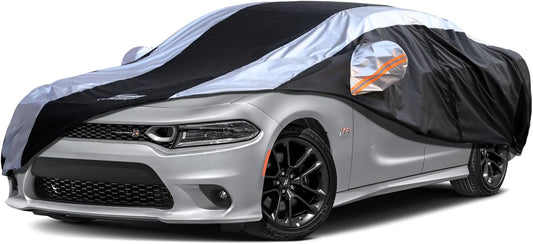 Dodge Charger Car Cover Waterproof All Weather with Silver Strip Design, Custom Fit for Dodge Charger 2006–2023, Charger Accessory with Door Zipper & Windproof Straps