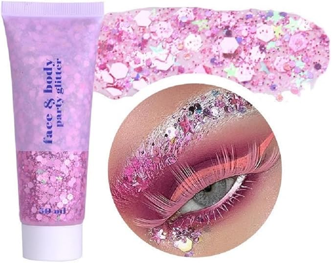 Pink Face Glitter,Sparkling Neon Outfit Party Holographic Sequins Paint Body Glitter Gel Makeup.(03# Pink)
