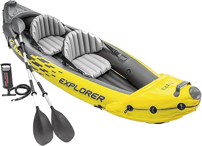 Intex 68307EP Explorer K2 Inflatable Kayak Set: Includes Deluxe 86in Aluminum Oars and High-Output Pump – SuperStrong PVC – Adjustable Seats with Backrest – 2-Person – 400lb Weight Capacity