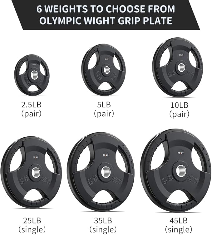 SPART Weight Plate 2-Inch Rubber Coated Olympic Grip Plate for Barbell,Solid Cast Iron Weight Plates in Pairs or Single for Strength Training,Weightlifting,Crossfit,Home Gym(5LB/10LB/25LB/35LB/45LB)