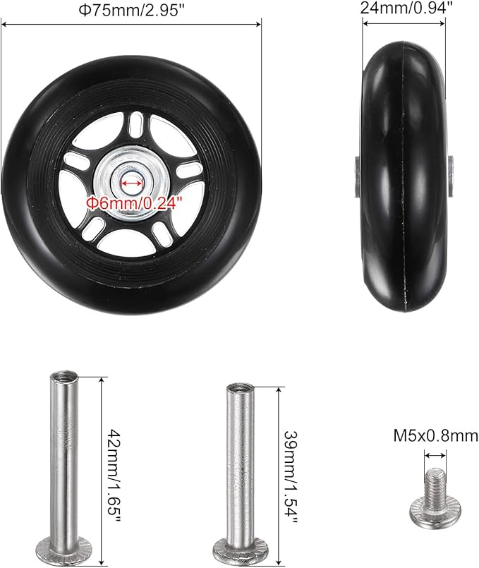 uxcell Replacement Luggage Wheels 75x24mm Suitcase Wheel Repair Kits Include 2 PU Bearing Wheels & Washers, Wrenches & Axle Screw for Trolley Bag, Inline Skate and Caster Board
