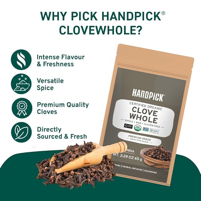 HANDPICK Organic Cloves Whole (2.3oz, 65g) Premium Cloves from South India | Packed in a Resealable Zip Lock Pouch | Perfect for Cooking, Smoothies, Pomander Balls & Tea