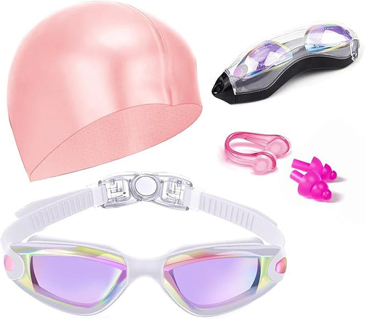 Swim Goggles Swimming Goggles No Leaking with Nose Clip, Earplugs, Swim Cap and Case for Men Women