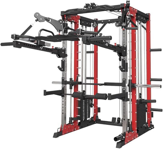 FAGUS Commercial Smithe Machine with 308lb Dual Weight Stacks, 4000LBS Power Cage Squat Rack with Lever Arm & Leg Press, Multi-Function Linear Bearing Cable Crossover Machine for Home Gym