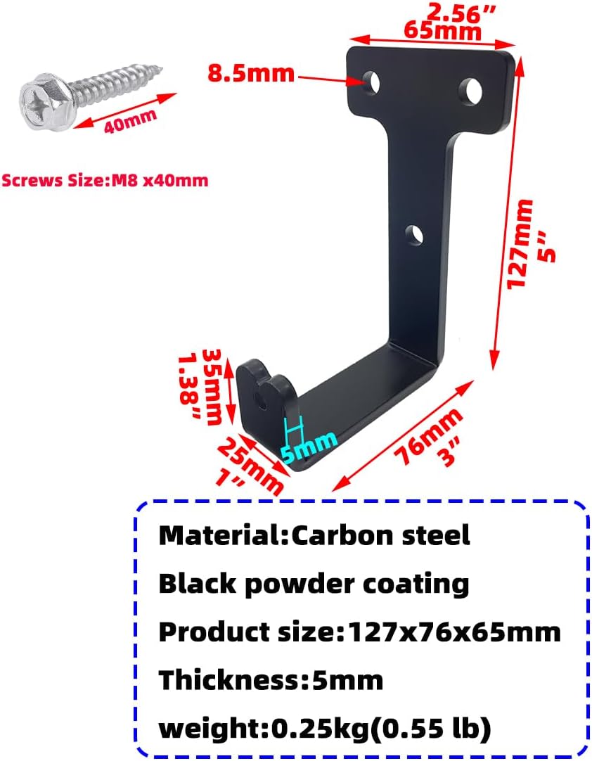 4 PCS black heavy duty metal flat j hooks for hanging 260 lbs,wall mount hooks,plant hanger large steel utility masonry industrial hook for Hanging Garage Storage Home Office Gym Sports Equipment(L)