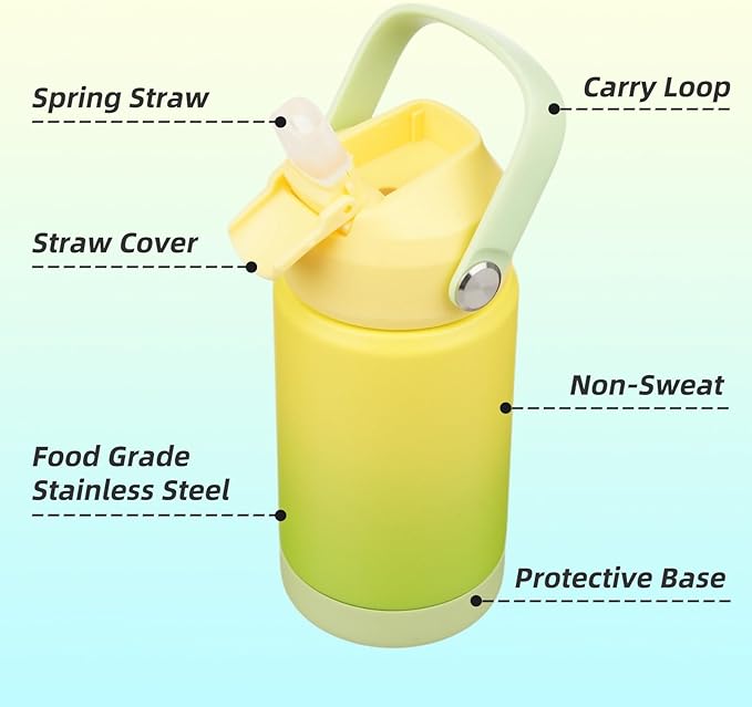 Insulated Water Bottle with Straw Lid,12 oz Stainless Steel Vacuum Metal Bottle with Silicone Handle,Lime