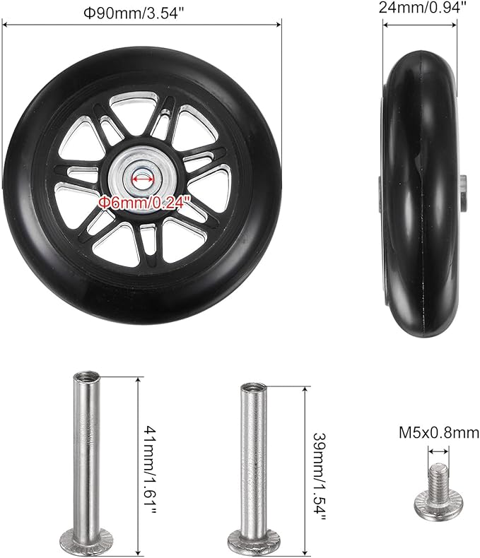 uxcell Replacement Luggage Wheels 90x24mm Suitcase Wheel Repair Kits Include 2 PU Bearing Wheels & Washers, Wrenches & Axle Screw for Trolley Bag, Inline Skate and Caster Board