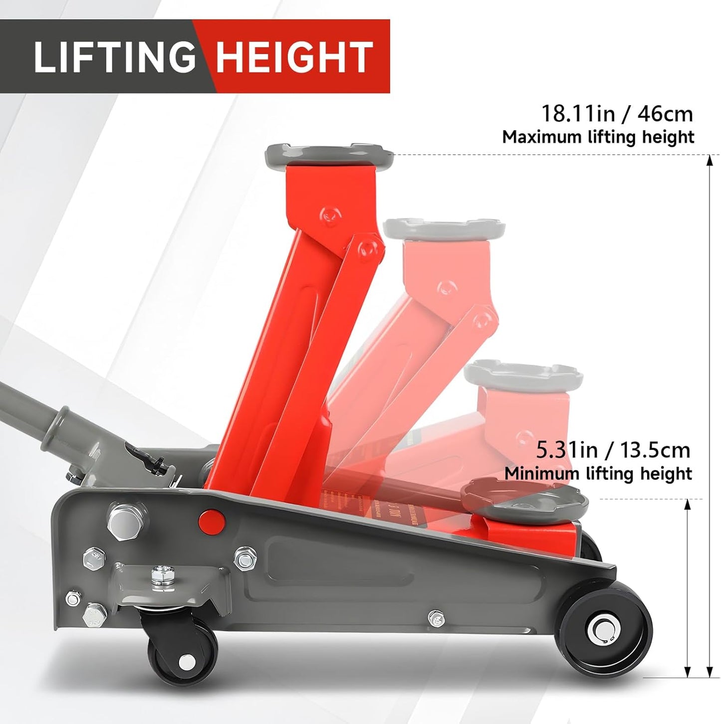 3 Ton Floor Jack,6600 LBS Heavy Duty Hydraulic Floor Jack,Lift Range:5.31'' -18.11'', Carbon Steel with Wheels for Cars,Suitable for Home,Garage and Repair Shops,Red
