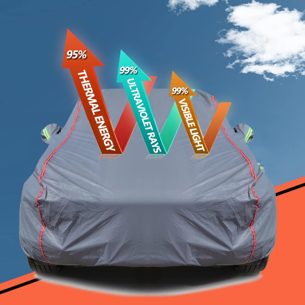 AUQDD 6-Layers PEVA New Material Sedan SUV Full Padded Car Cover Waterproof All Weather Weatherproof UV Sun Protection Snow Dust Storm Resistant Outdoor Exterior Custom Form-Fit Straps 198"-208" Grey
