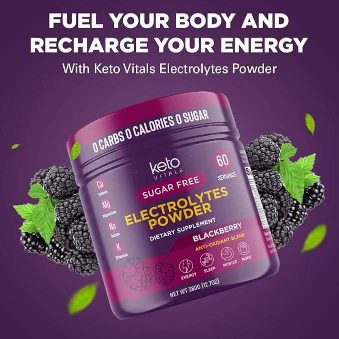 Keto Vitals Antioxidant Electrolytes Powder - Blend Keto Electrolytes with Potassium, Magnesium, Sodium, & Calcium - No Sugar Electrolyte Drink Mix & Hydration Powder, 60 Servings, BlackBerry