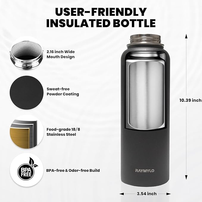 Insulated Water Bottle 40 oz, Triple Wall Vacuum Stainless Steel (Cold for 48 Hrs), Leak Proof & Non-BPA, Modern Water Flask Jug with Paracord Handle & Straw Spout Lids, Magic Black
