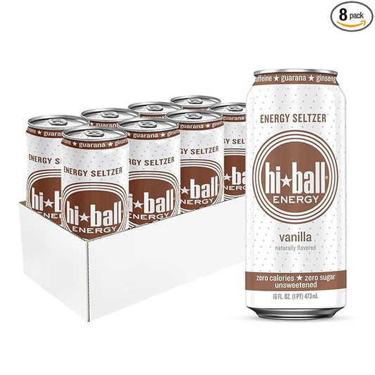 Hiball Energy Vanilla Seltzer Drink, Zero Sugar and Calorie, 16 Fl Oz Cans, 8 Count