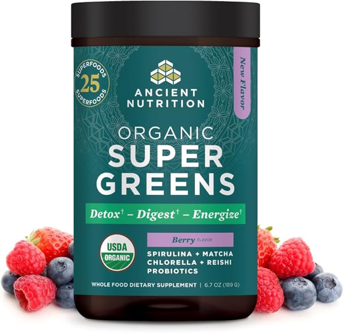 Ancient Nutrition SuperGreens Powder with Probiotics, Organic Berry Flavor Greens, Made from Real Fruits, Vegetables and Herbs, Digestive and Energy Support, 25 Servings, 6.7oz